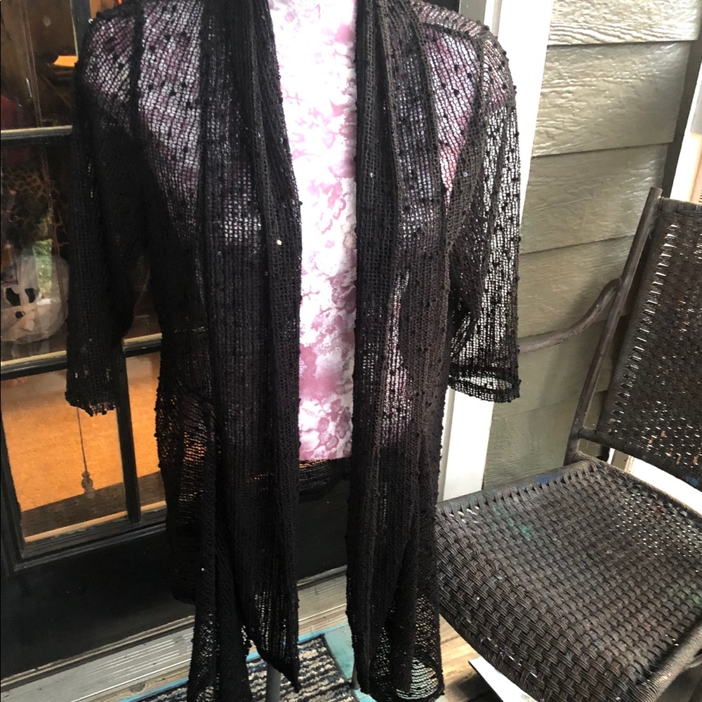 Black Sheer Cardigan w/Sequins! Size Large - Picture 2 of 6